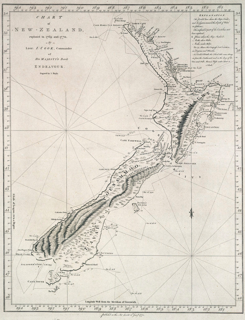 Detail of Chart of New Zealand, explored in 1769 and 1770 by Lieutenant J.Cook, Commander of His Majesty's Bark Endeavour by James Cook