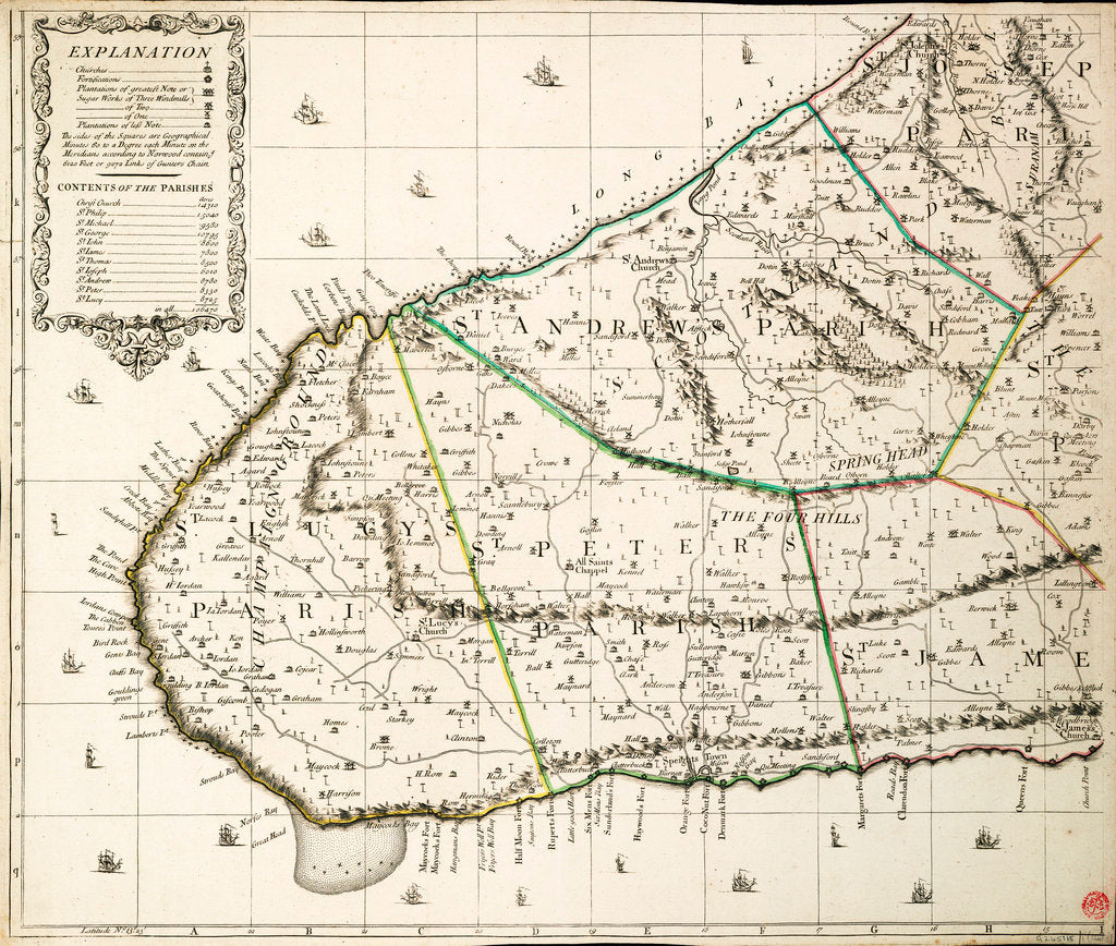 Detail of A new & exact map of the island of Barbados in America according to survey made in the years 1717 to 1721 by William Mayo. by William Mayo