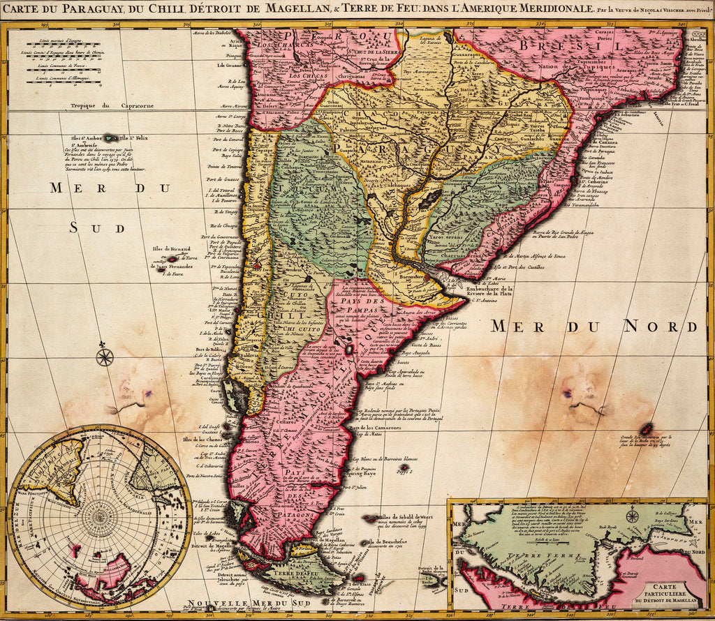 Detail of Chart of Paraguay, Chile, Straits of Magellan and Tierra del Fuego in South America by Nicholas Visscher