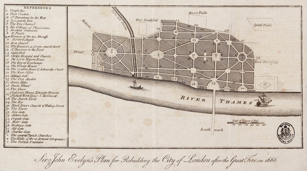 Detail of Sir John Evelyn's plan for rebuilding the City of London after the Great Fire in 1666 by John Evelyn