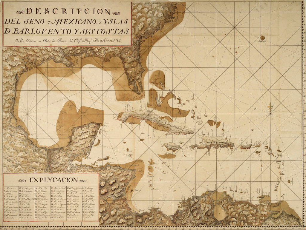 Detail of Chart of the Gulf of Mexico and Caribbean islands, 1742 by Miol Polo