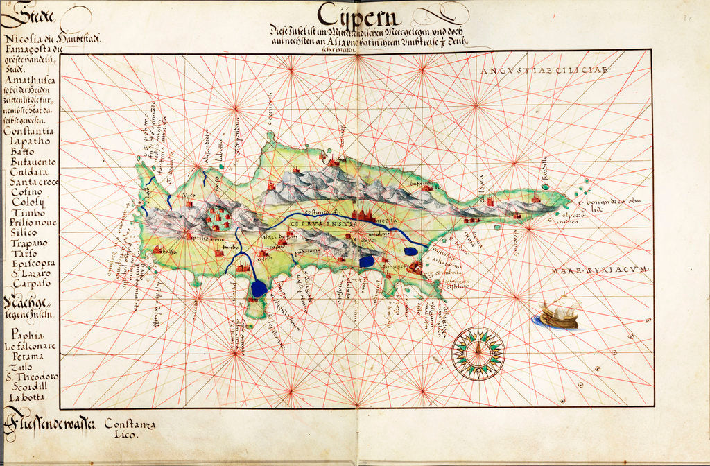 Detail of Vellum chart of Cyprus, 1554 by Battista Agnese