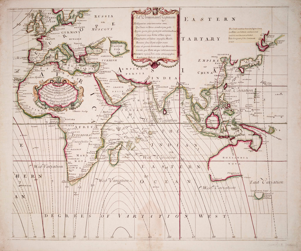 Detail of A new and correct sea chart of the whole world showing the variations of the compass as they were found in the year 1700 by Edmond Halley