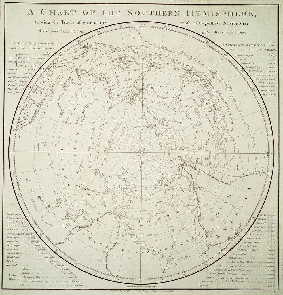 Detail of Chart of the Southern Hemisphere showing pre-Cook journeys and discoveries by James Cook