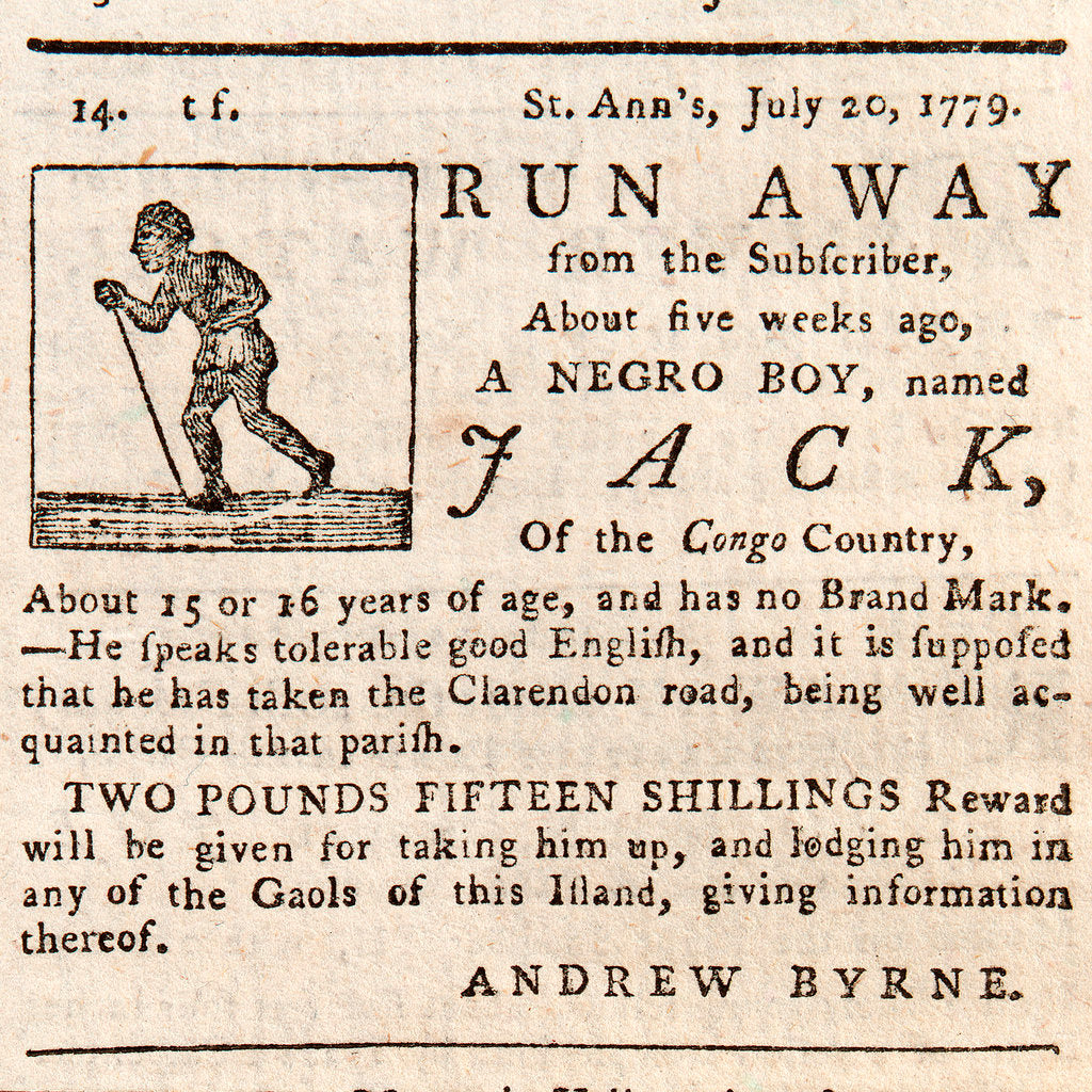 Detail of Reward advertisement for runaway slave 'Run Away Jack', aged 15 or 16 years old by unknown