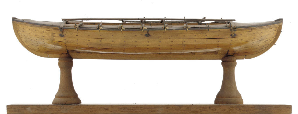 Detail of Full hull model, 16-oar outrigger lifeboat, port broadside by unknown