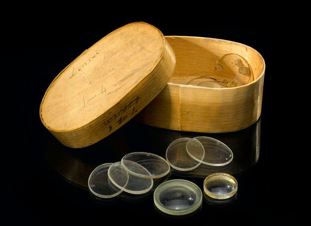 Detail of Nine lenses of various sizes in a box by Unknown