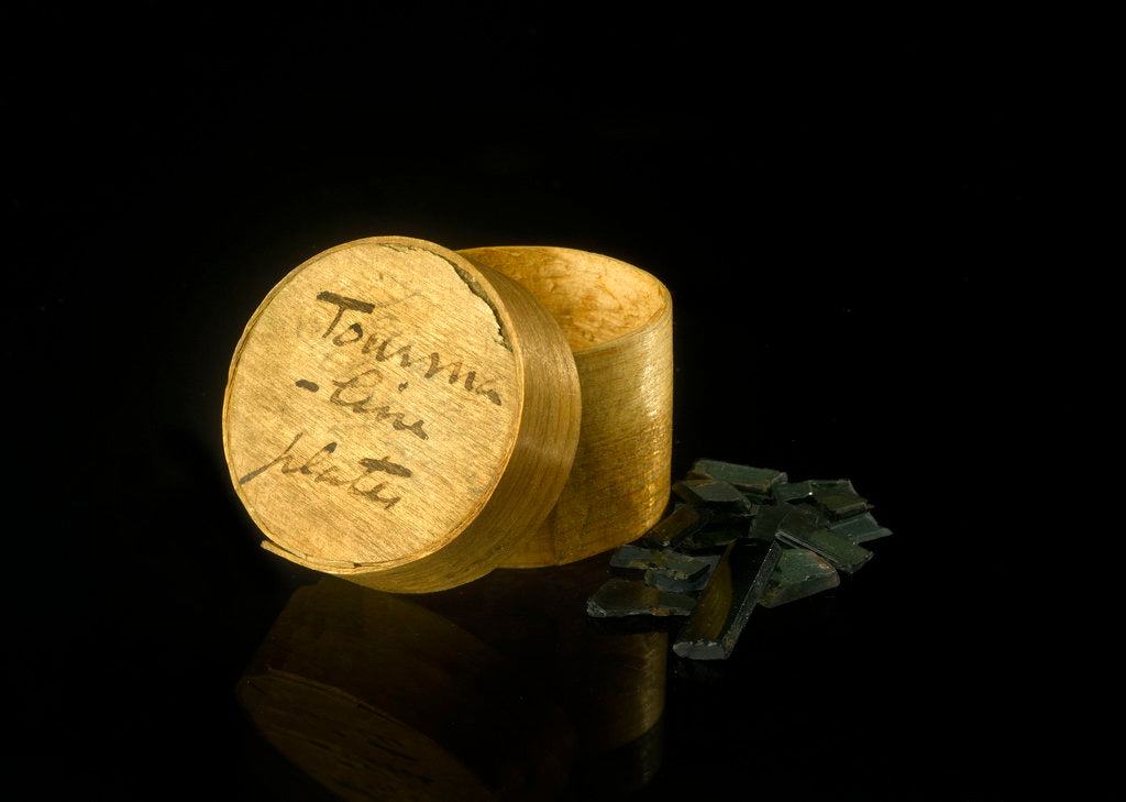 Detail of Pill box containing 'Tourmaline plates' by unknown