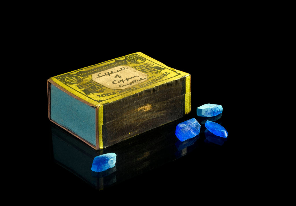 Detail of Matchbox containing eighteen copper sulphate crystals by unknown