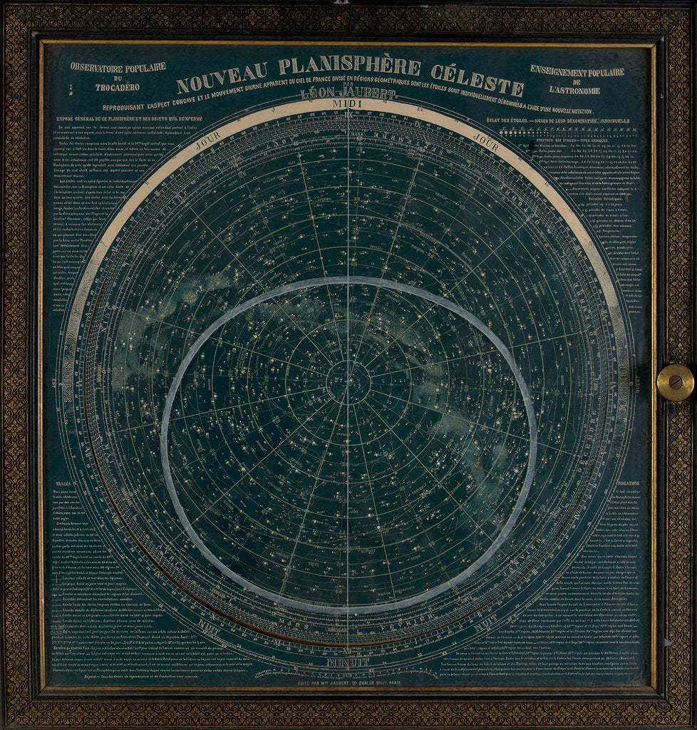 Detail of A planisphere printed in white on a dark blue background by Leon Jaubert
