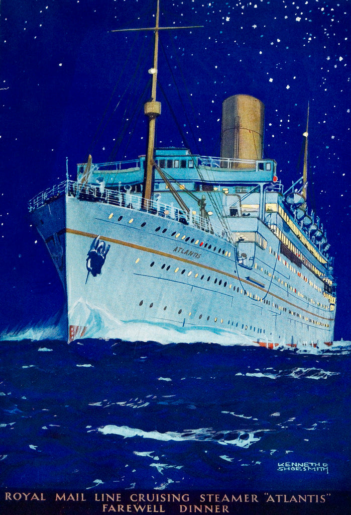 Detail of Front cover of menu from steamer 'Atlantis', farewell dinner by Kenneth D. Shoesmith