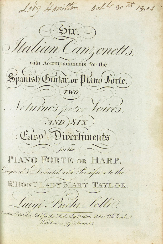 Detail of Emma's Songbook, 'Six Italian Canzonetts' by Unknown