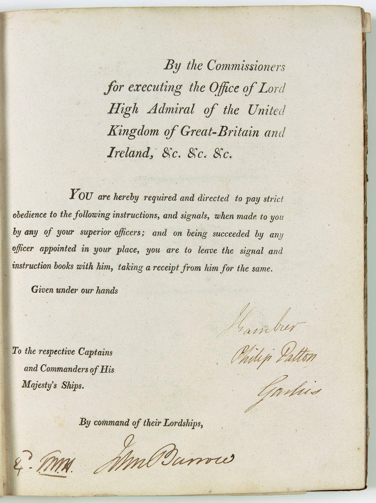 Detail of Title page of signal book, with signatures, including Hardy's by Admiralty