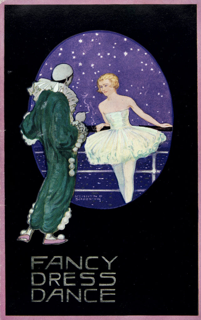 Detail of Front cover of menu from RMSP 'Araguaya': fancy dress dance, depicting ballerina and perriot by Kenneth D. Shoesmith