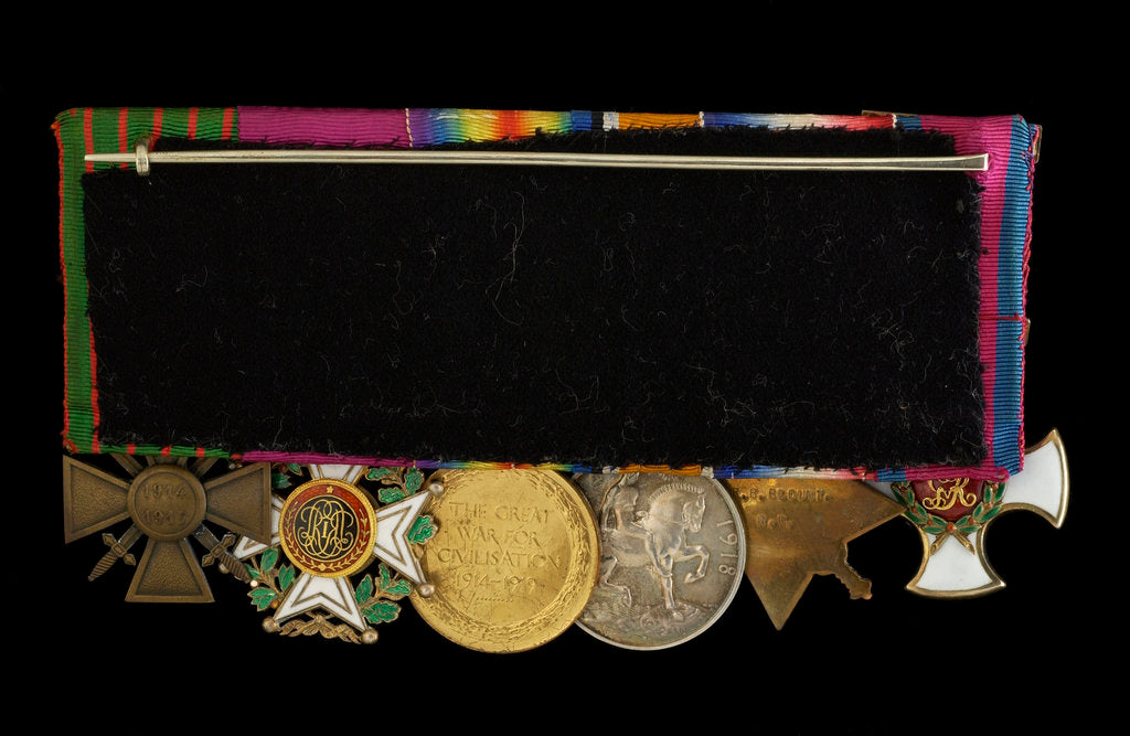 Detail of Medals on bar (reverse, right to left): Distinguished Service Order, 1914-15 Star; British War Medal 1914-1918; Victory Medal 1914-1918; Order of Leopold, 4th class (military); Croix de Guerre 1914-1918 by W. Wyon