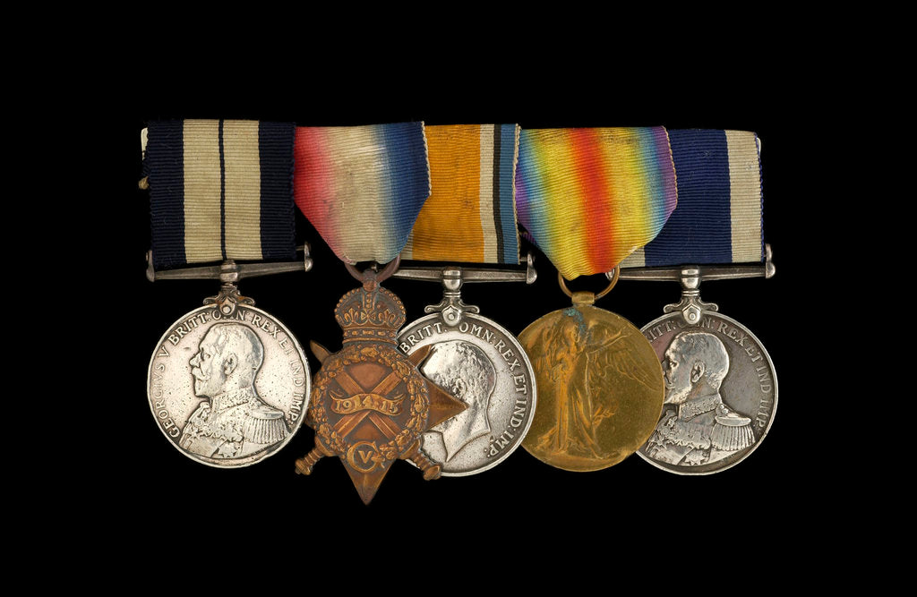 Detail of Medals awarded to Petty Officer Cecil Ernest Edgar Miles DSM (obverse, l to r, MED1393-1397) by B. Mackennal