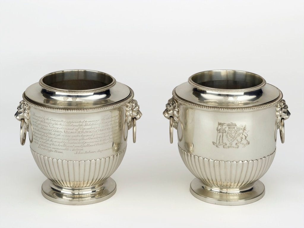 Detail of Copenhagen ice pails with lion mask handles by William Hall