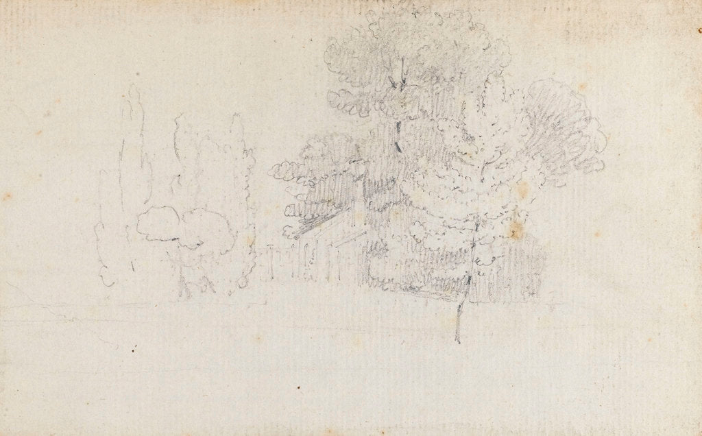 Detail of Study of trees and a small building in the grounds of Merton Place by Thomas Baxter
