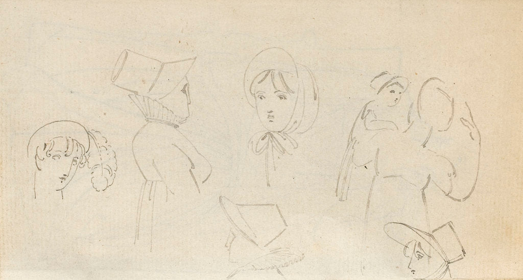Detail of A woman in a turban, four sketches of a woman in a bonnet and a woman carrying a child (verso) by Thomas Baxter