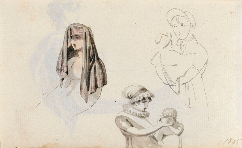 Detail of A woman with a draped head and two studies of a woman with a child, possibly Horatia (verso) by Thomas Baxter