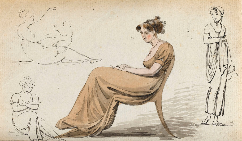 Detail of A young woman seated in a chair and other figure studies (verso) by Thomas Baxter