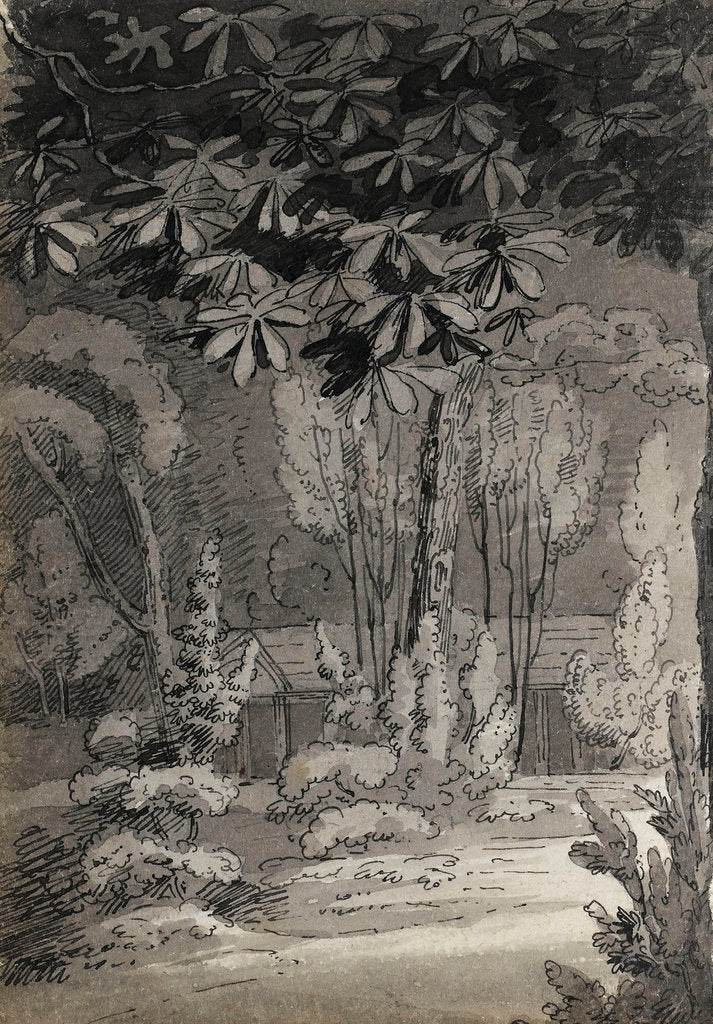 Detail of A view through trees towards a single-storey building (verso) by Thomas Baxter