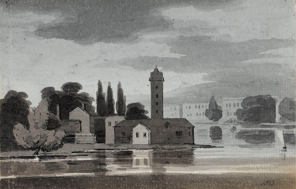 Detail of Buildings viewed over a lake or river (verso) by Thomas Baxter