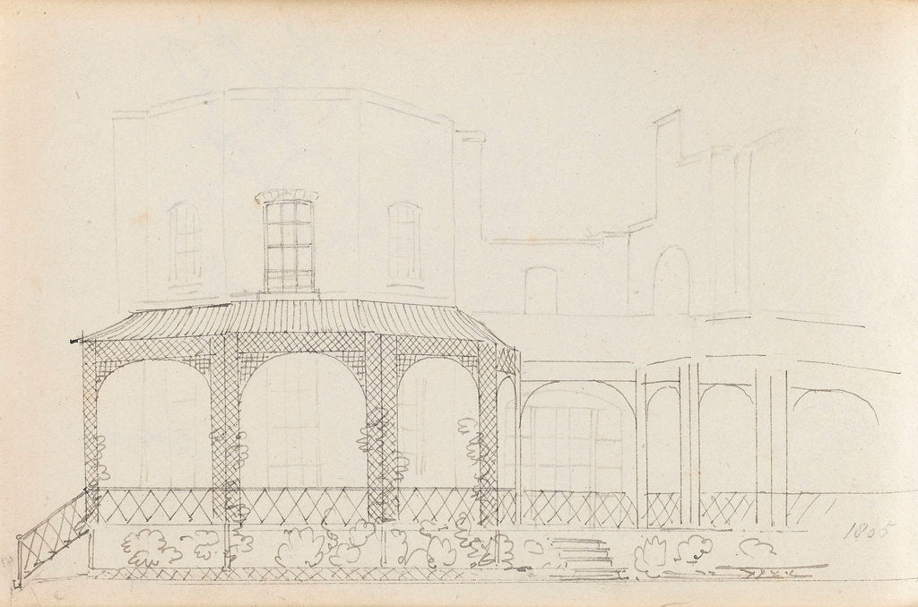 Detail of A view of the east elevation of Merton Place showing the Eating Room with the mirador (verso) by Thomas Baxter