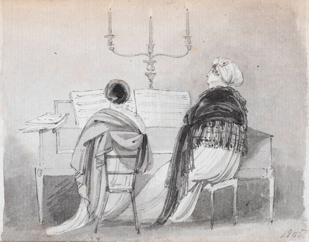 Detail of Emma Hamilton and Madame Bianchi seated at a square piano by Thomas Baxter