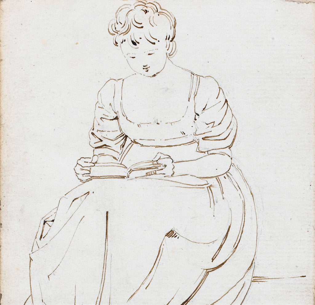 Detail of A young woman seated, reading a book, possibly Charlotte Nelson by Thomas Baxter