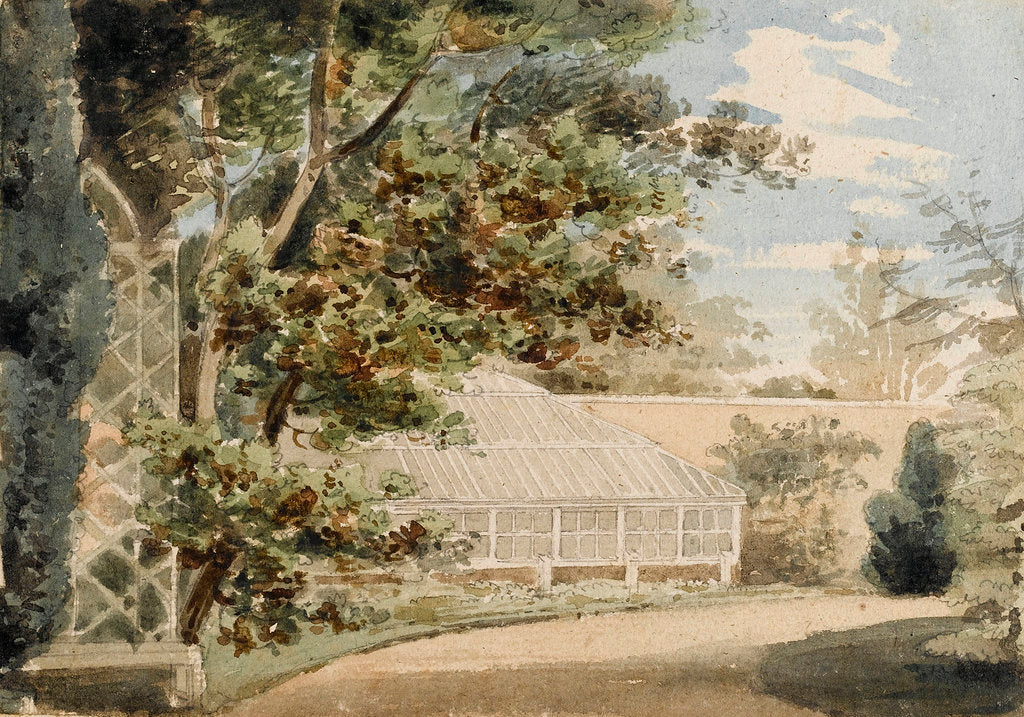 Detail of The garden with a glass house at Merton Place by Thomas Baxter