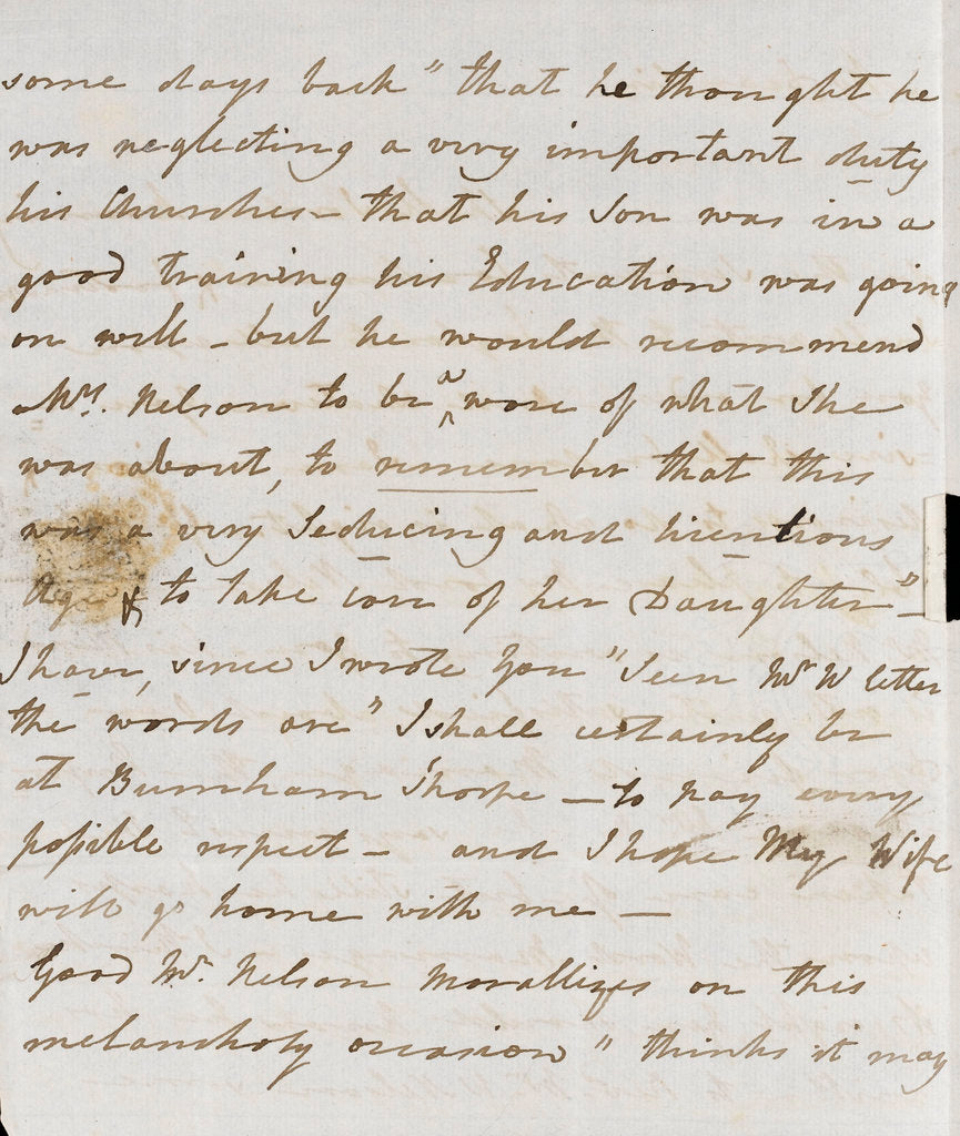 Detail of Letter from Lady Nelson to Alexander Davison, page two by Lady Frances Nelson