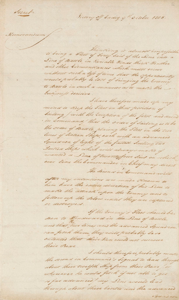 Detail of Nelson's secret memorandum, front page by Horatio Nelson