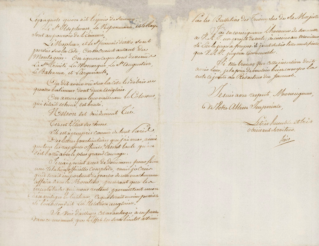 Detail of Letter from Decres to L. Bonaparte reporting the losses at the Battle of Trafalgar, 1805 by Louis Decres