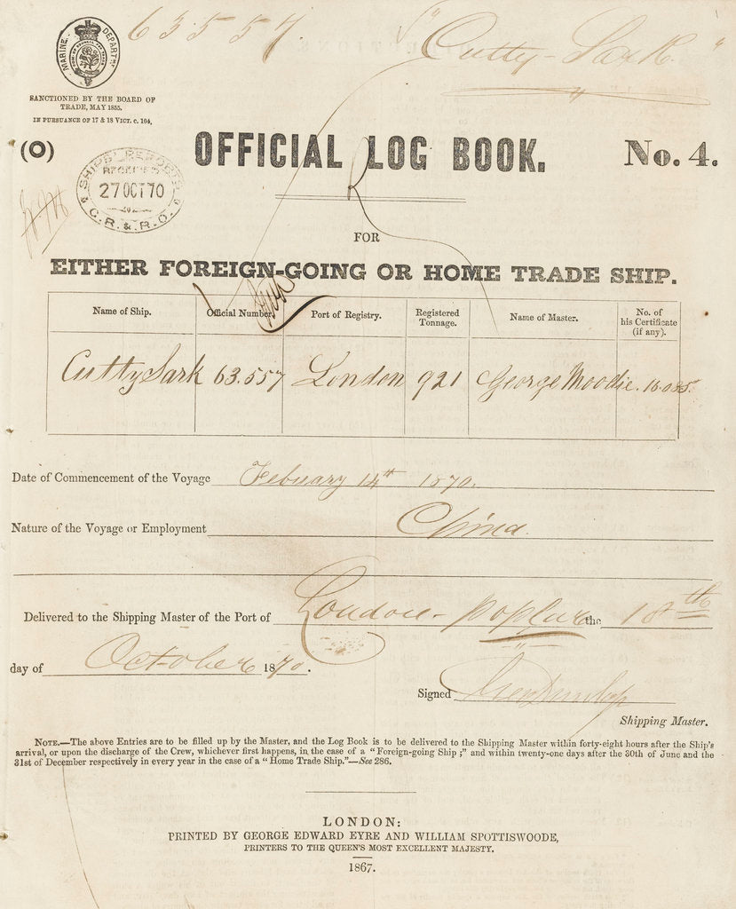 Detail of Official logbook of 'Cutty Sark' (1869) recording a voyage from London to China in 1870 under the command of Captain Moodie by unknown