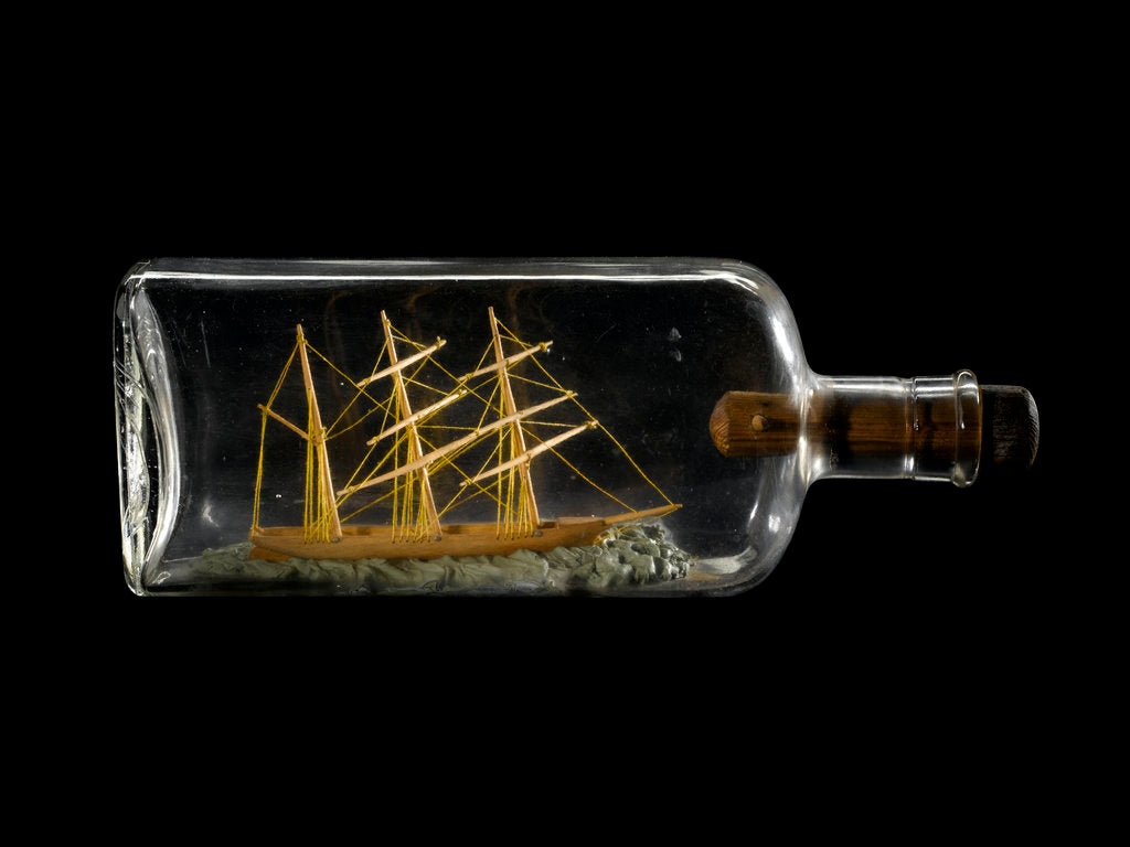 Detail of A spirit bottle containing a demonstration model of a three-masted barque by Robert Orr