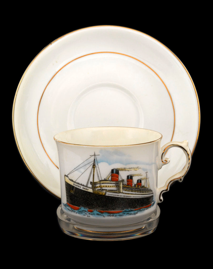 Detail of Cup and saucer commemorating the maiden voyage of  RMS 'Queen Mary' by John Aynsley & Sons Ltd.