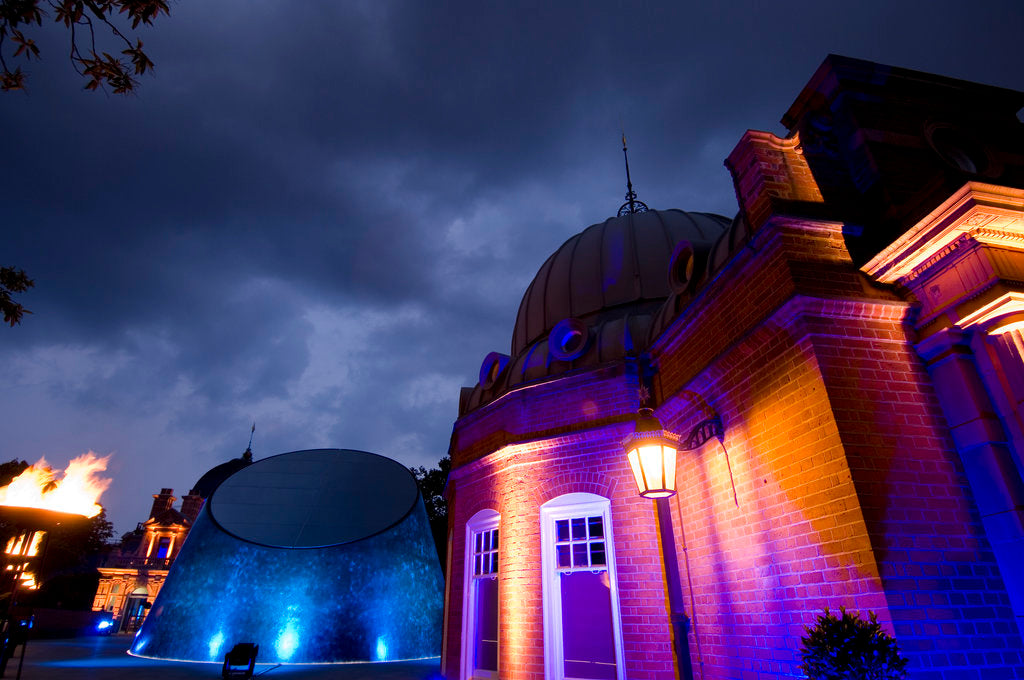Detail of Night-time view of illuminated Royal Observatory, Greenwich, including the Peter Harrison Planetarium, Astronomy Centre (South Building) and Altazimuth Building by National Maritime Museum