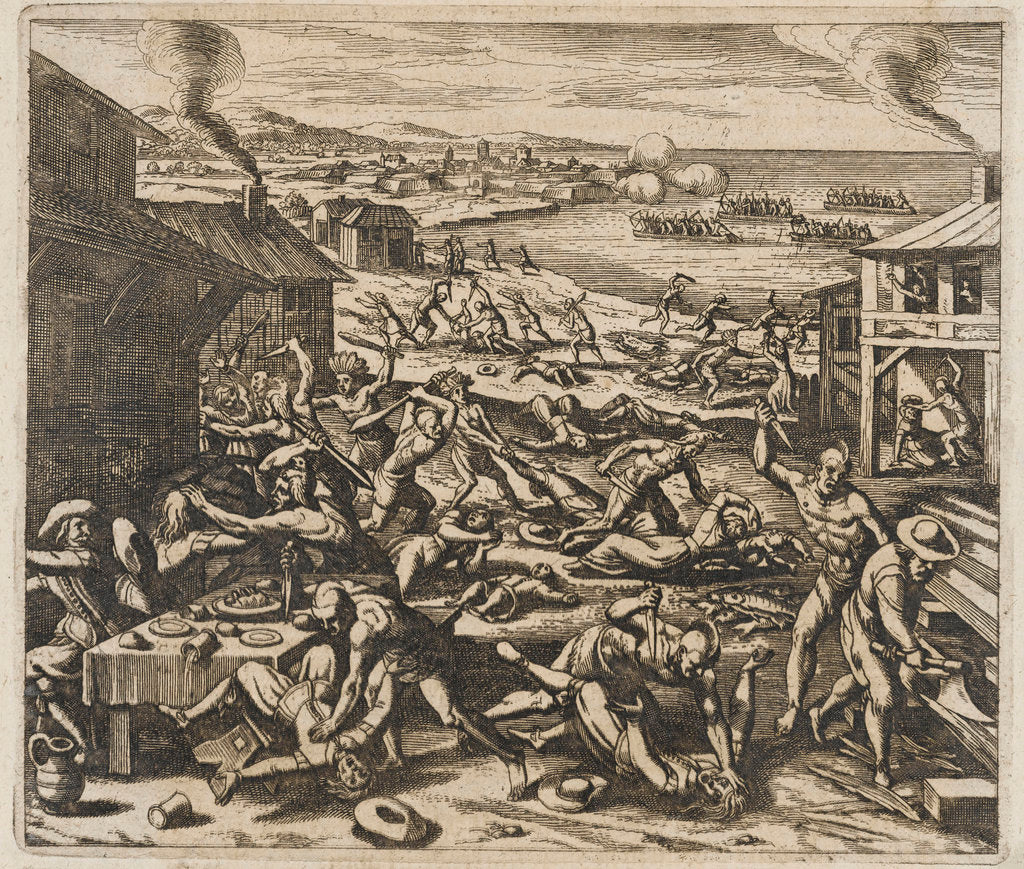Detail of Virginia; Indians slaughtering the English near Jamestown by Gottfried