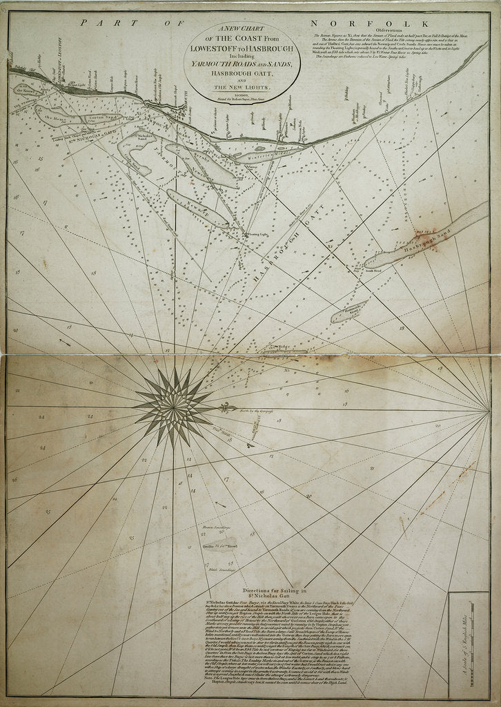 Detail of A new chart of the coast from Lowestoff to Hasbrough including Yarmouth Roads and Sands, Hasbrough Gatt, and the new lights by John Diston
