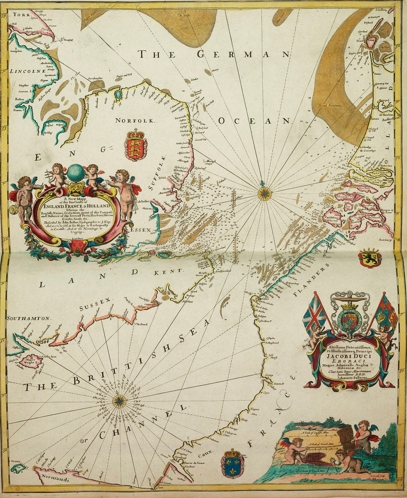 Detail of A new mappe of the sea coasts of England, France and Holland, wherein the English names, situation, point of the compass, and distance of the several ports, harbours, havens, creeks, sands. by John Seller