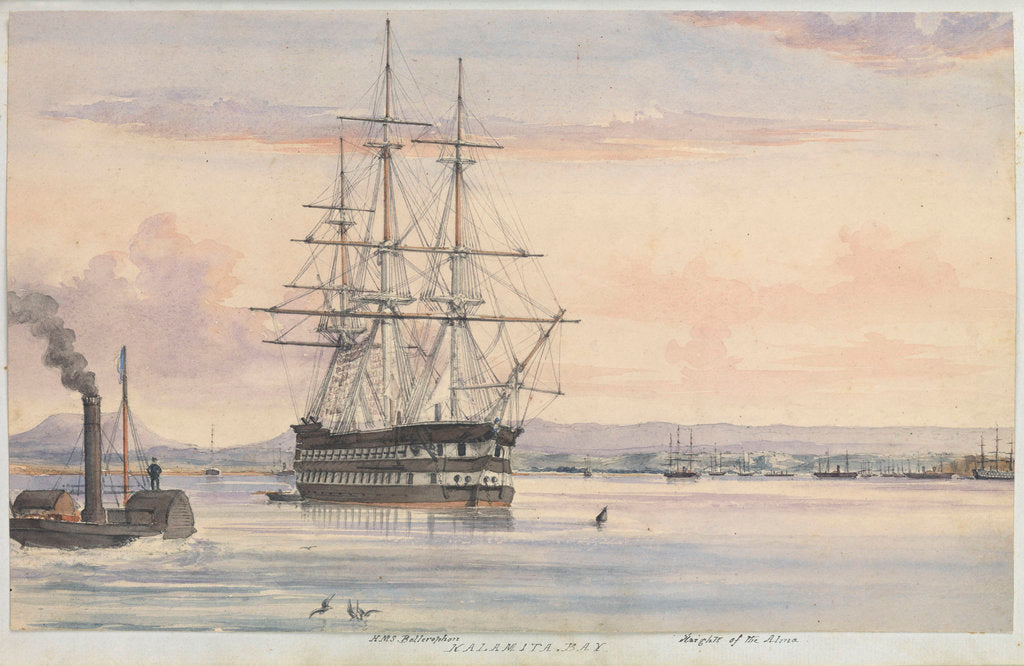 Detail of Watercolour of the 'Bellerophon' at Kalamita Bay, Heights of the Alma, September 1854 from the logbook of HMS 'Trafalgar' kept by Captain Hereford by Edward William Hereford