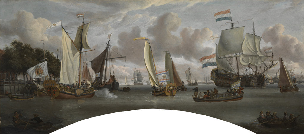 Detail of Ships on the River Ij in front of the Tollhouse near Amsterdam (before conservation in 2008) by Abraham Storck