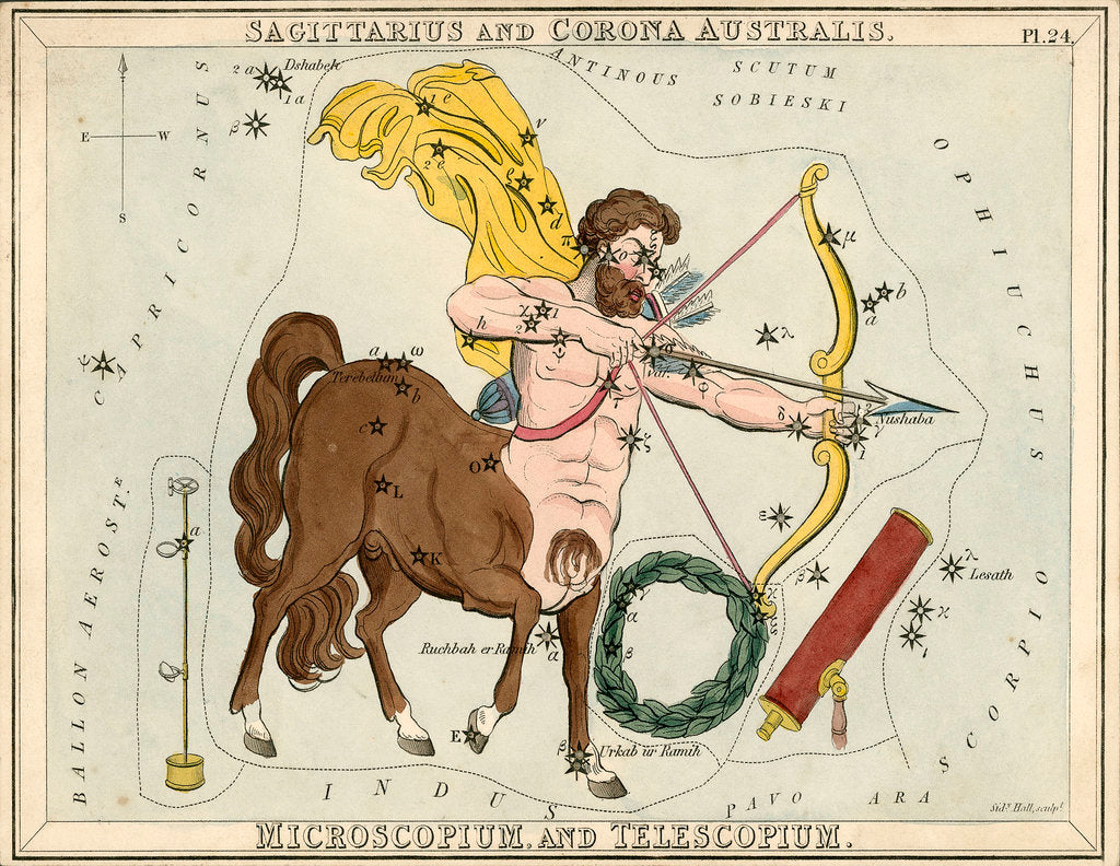 Detail of Constellation card, Urania's mirror, Sagittarius and Corona Australis by Sidney Hall