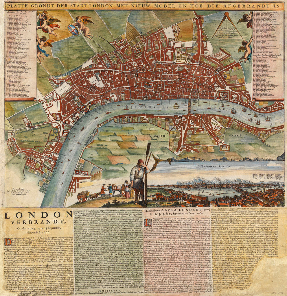 Detail of A Dutch map showing areas devastated by the Great Fire of London, 1666 by unknown