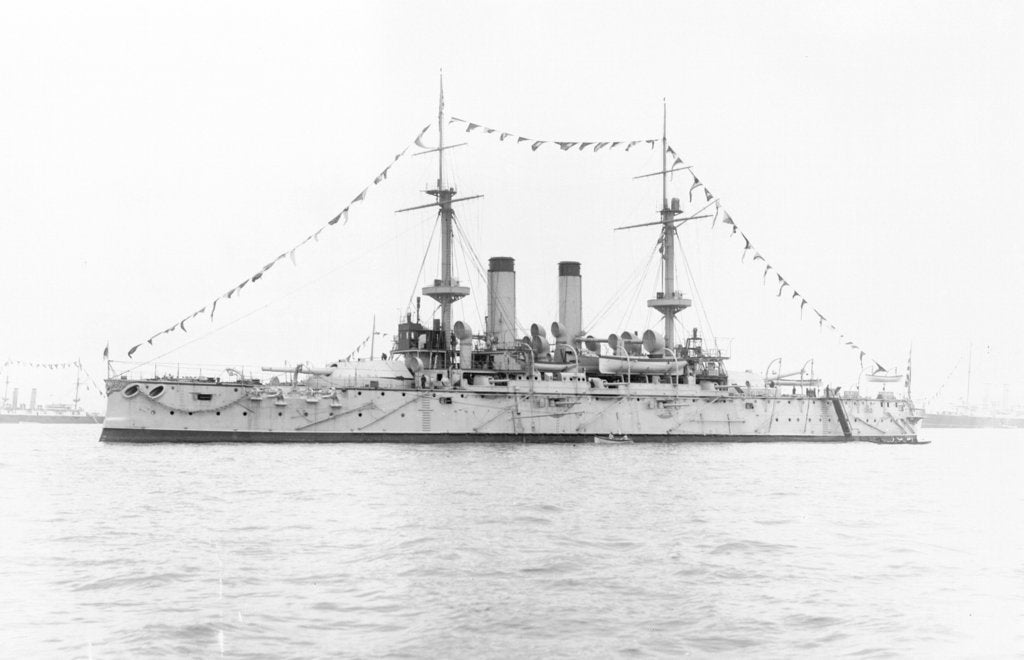 Detail of Japanese battleship HIJMS 'Fuji' (1896) anchored at Spithead and dressed overall by unknown