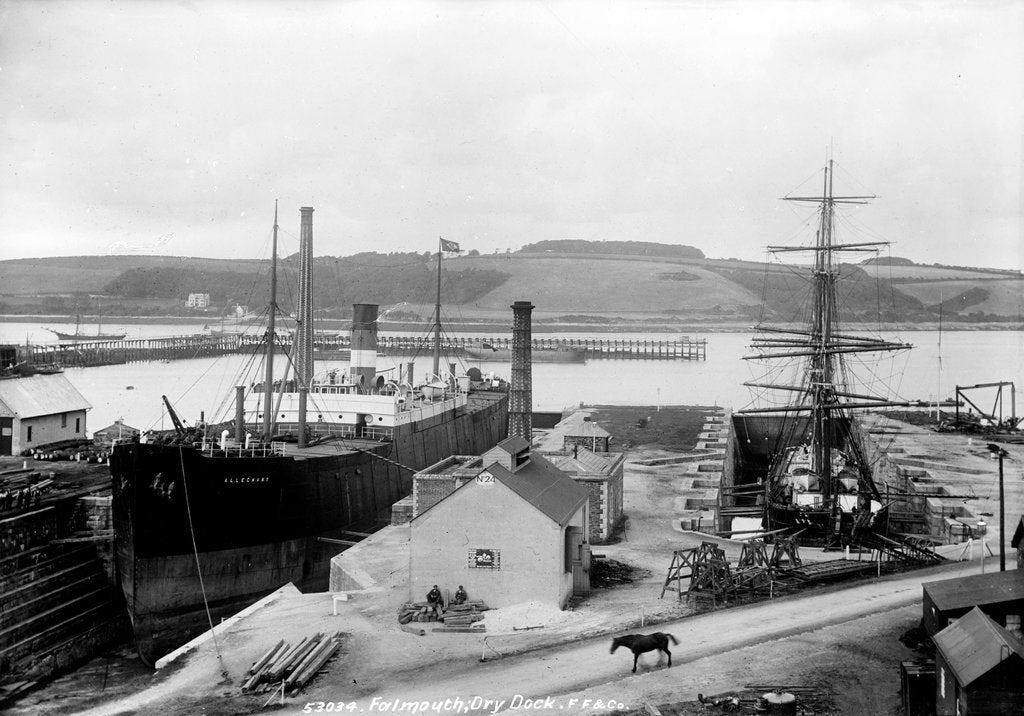 Detail of The dry dock at Falmouth with SS 'Alleghany' berthed and a 3-masted barque in the adjacent dry dock by unknown