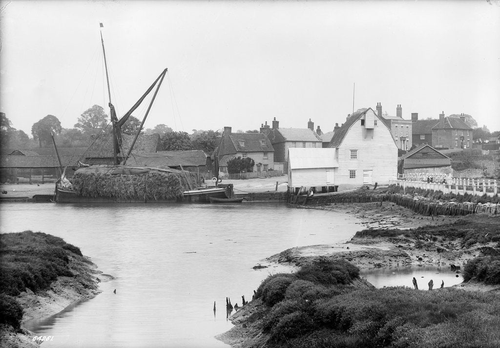 Detail of St. Osyth, Essex, the river with hay laden spritsail barge and village by unknown