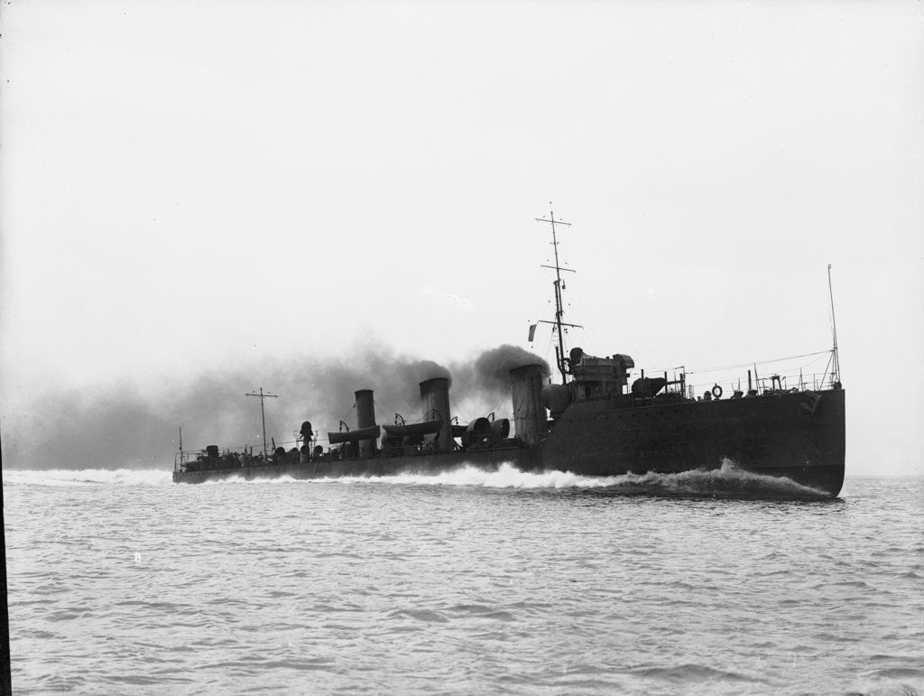 Detail of Torpedo boat destroyer HMS 'Nautilus' (1910) at speed on trials in 1911 by unknown