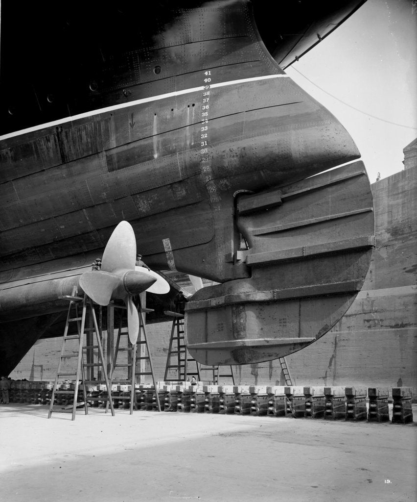 Detail of Rudder and inner propellers of the 'Aquitania' (1914) by Bedford Lemere & Co.